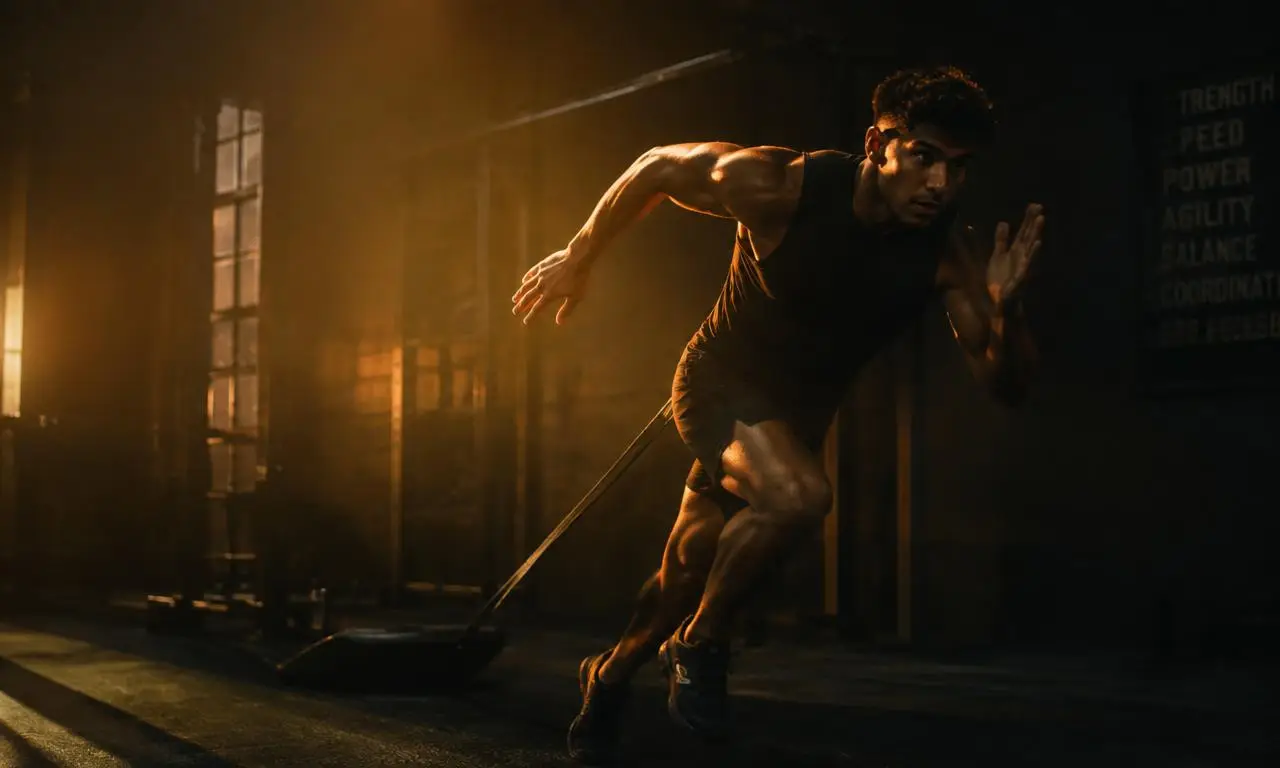 Athlete sprinting with a weighted sled in a dimly lit gym, illustrating hybrid athletic training